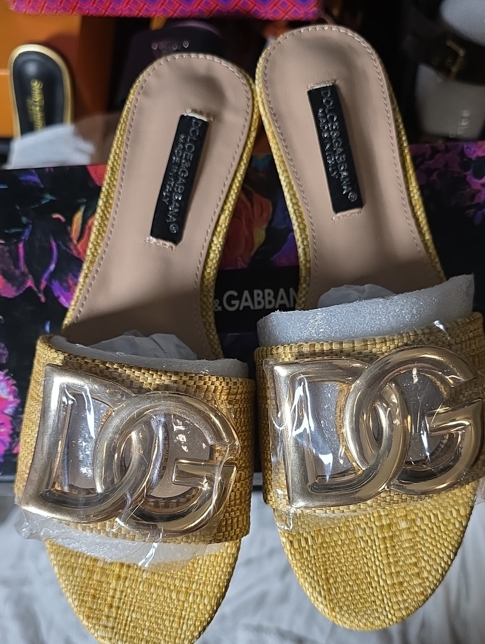 Dolce & Gabbana Yellow Woven Slide Mules with Gold DG Logo